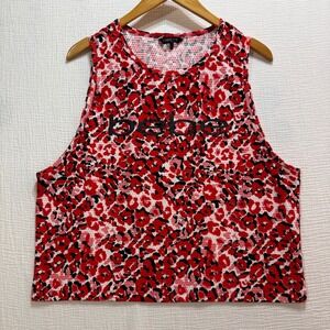 Bebe Sport Tank Top Women L Red Leopard Print Mesh Logo Activewear Y2K